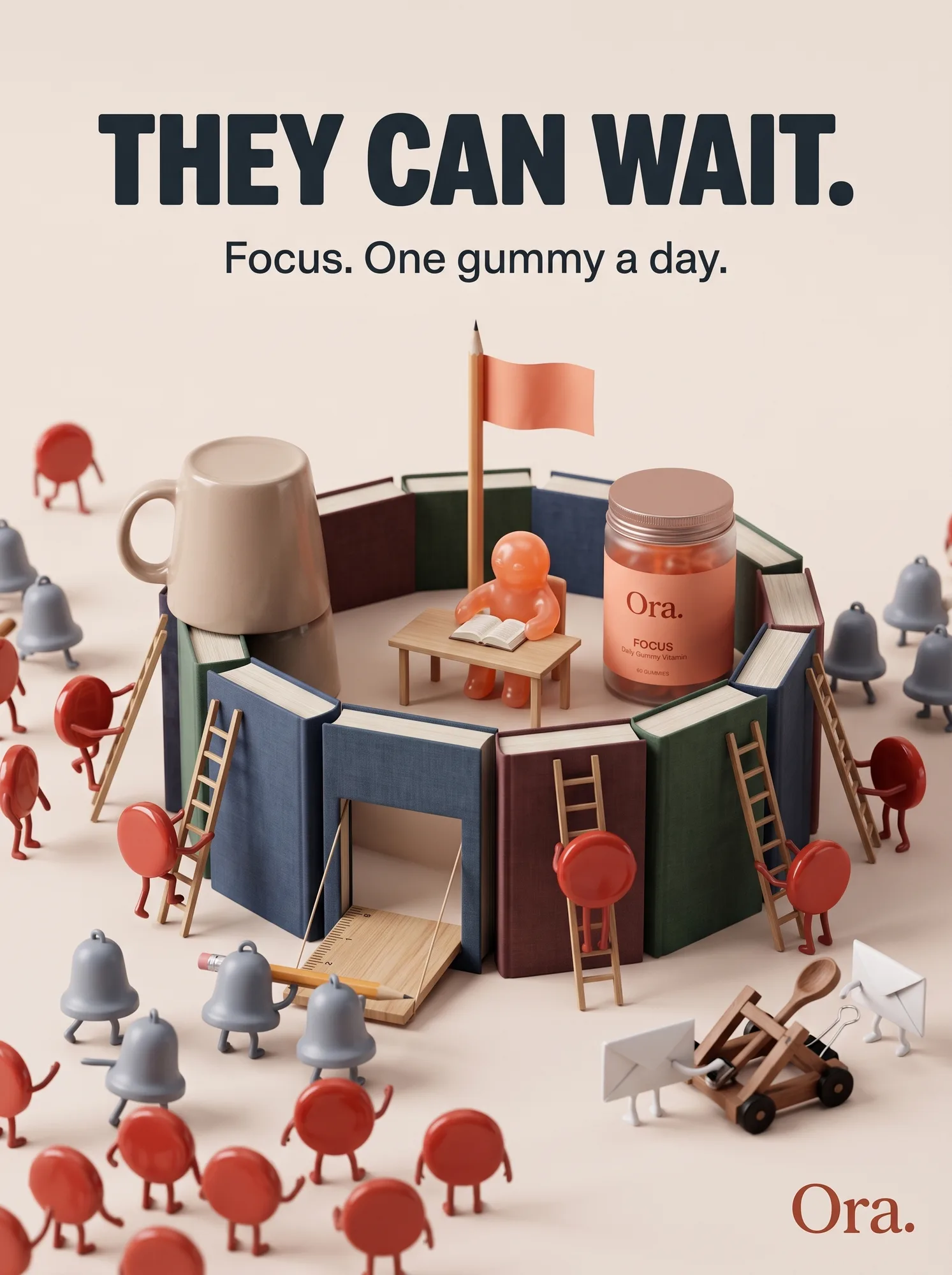 Ora — a fortress of books besieged by notification creatures, one gummy reading calmly inside, 'They can wait.'